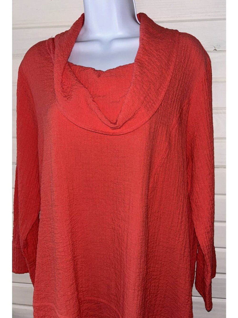 ALI MILES Sz LARGE Cowl Neck Coral Orange Gauzy Asymmetrical Hem Tunic EUC
